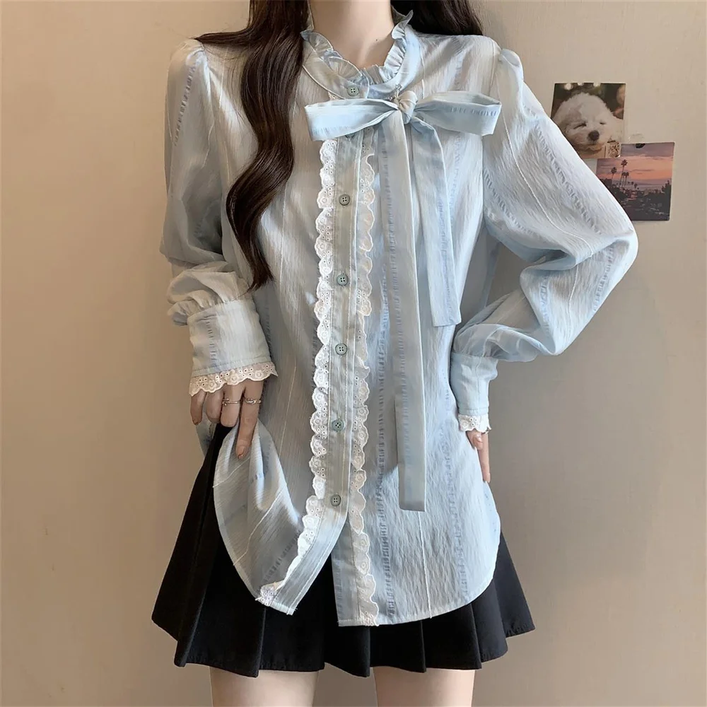 

Lace Sweet Ruffles Shirts Women Elegant Long Sleeve Bow Blouse Korean Spring Fashion Casual Female Design Autumn All Match Tops