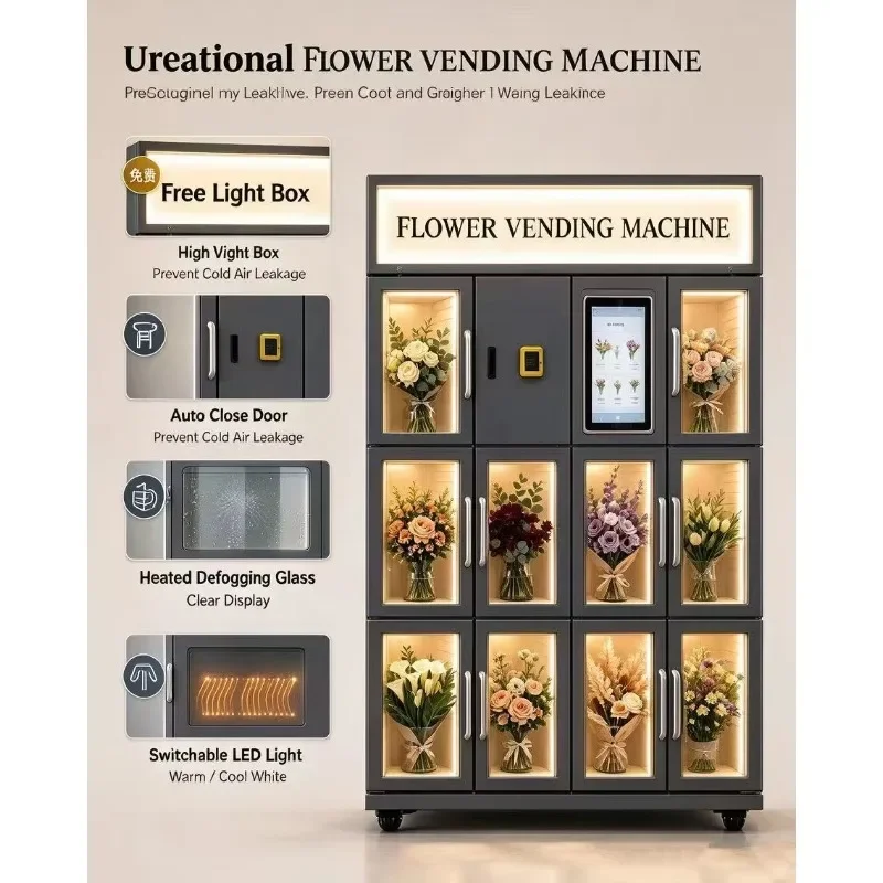 Self Selling Flower Vending Equipment Auto Close Door Save Power Free Custom Light Box Coin Bill Bank Card Payment for EU Market