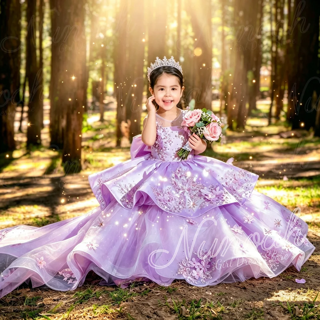 Luxury Lavender Girls Birthday Pageant Dress with Bow Lace Appliques Kids Formal Prom Flower Girl Dress for Wedding Customized