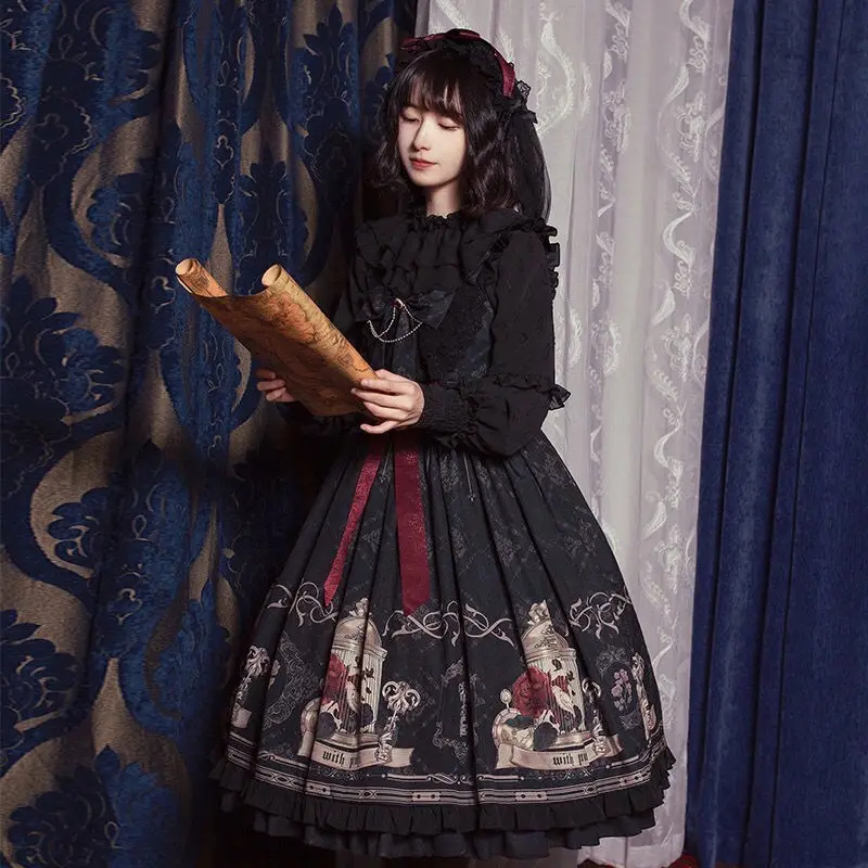 Vestido Lolita Gótico Vintage, Cintura Alta Falbala, Kawaii, Estilo Escuro, Vitoriano, Jsk Loli