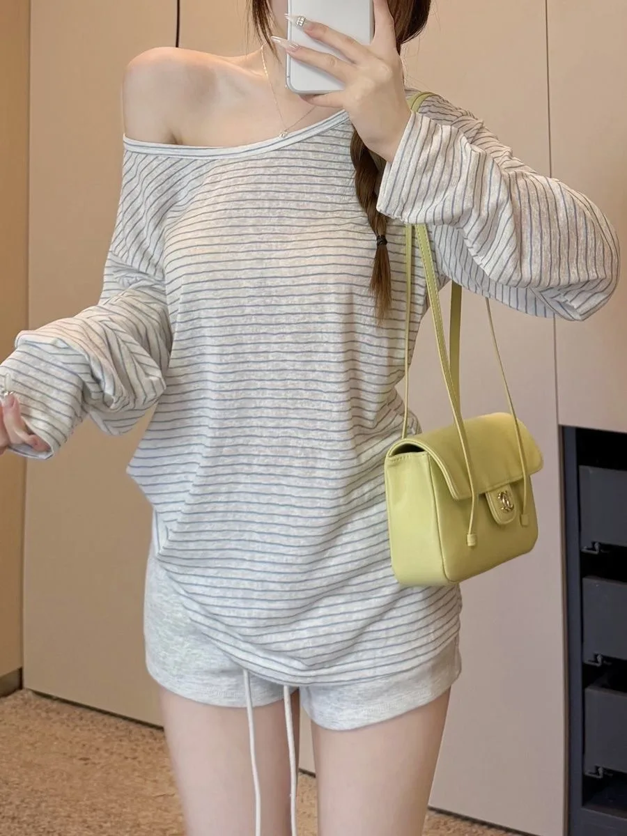 Ladies' Loose Fit Long Sleeve T-Shirt Shoulder Bared Striped Style Early Autumn Fashionable Transparent Design Casual Wear