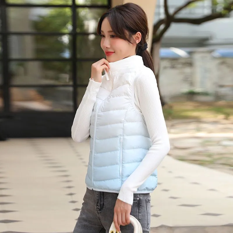2025 Otoño Invierno sin mangas gradiente abajo chaleco mujeres ultraligero pato blanco abajo chaleco abrigo mujer cálido chaqueta corta sin mangas