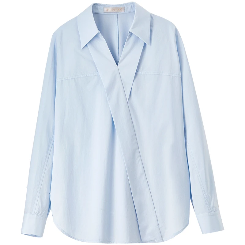 SENTUBILA Office Lady Shirts & Blouses Women 2025 Autumn Fall Loose Fit Cotton Lyocell Blend Long Sleeve Tops Woman 143C55791
