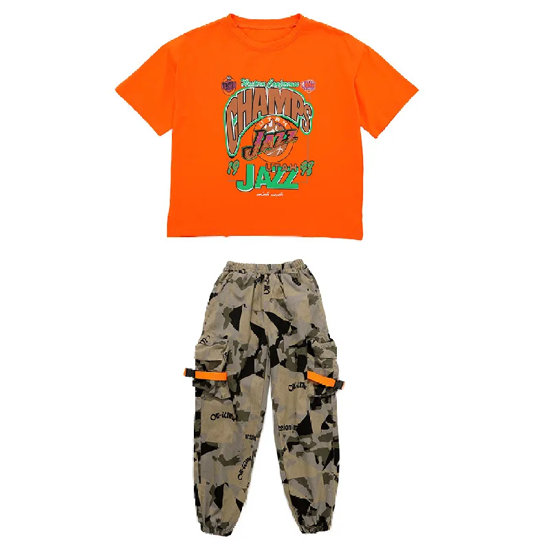 Boys Hip Hop Camouflage Pants Girl Jogger 2 Pcs Set Kids Printed T-shirt Dance Clothes Teen Jazz Street Child Costume Streetwear