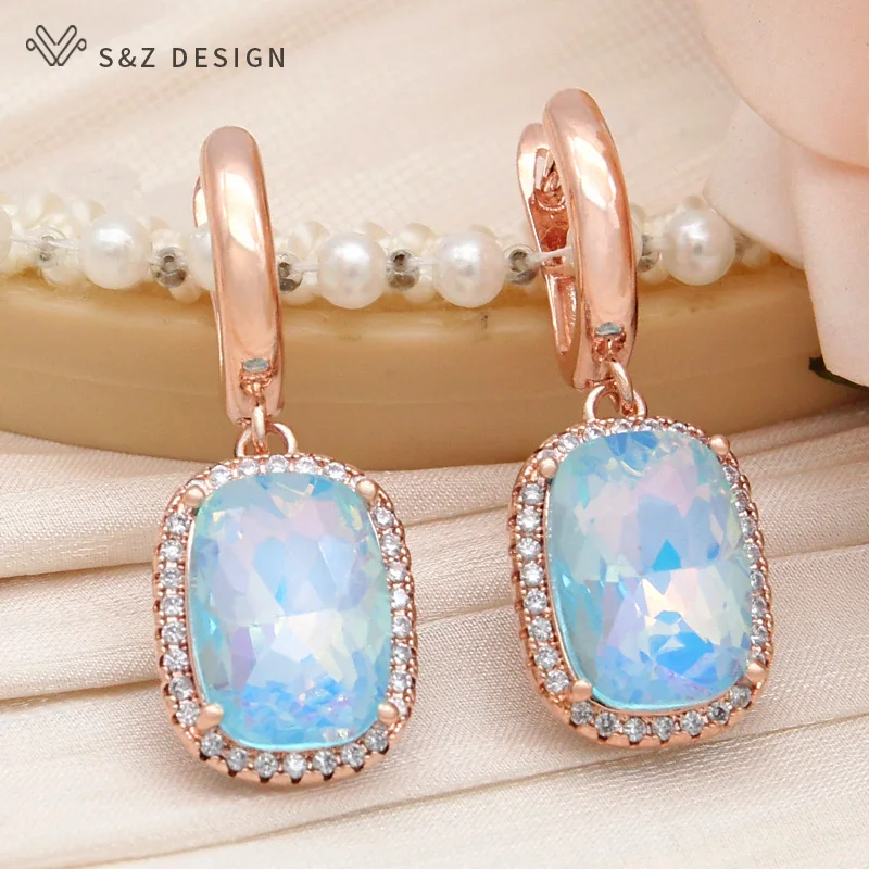 S&Z DESIGN New Fashion Elegant Rectangle Crystal Dangle Earrings For Women Wedding 585 Rose Gold Color Cubic Zirconia Jewelry