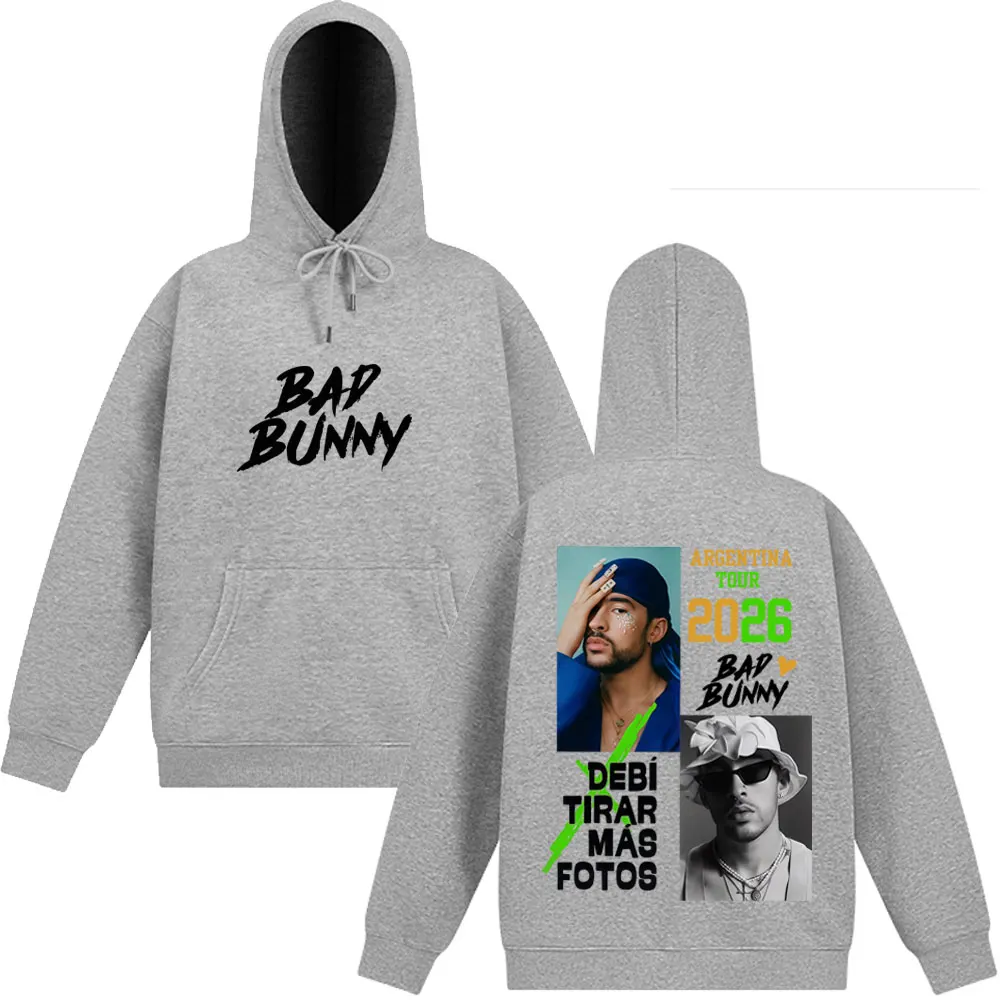 مغني الراب باد باني جولة الأرجنتين 2026 موضة الجرافيك هوديي الرجال الهيب هوب الشرير البلوز بأكمام طويلة ملابس رياضية غير رسمية ورجعية