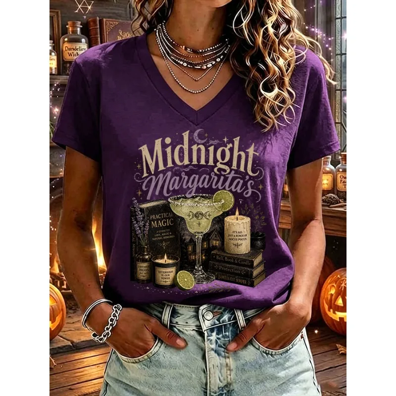 ilstile Women's Halloween Midnight Print T-Shirts Summer Short Sleeve V Neck Tops Casual Loose Tees Black New Arrival