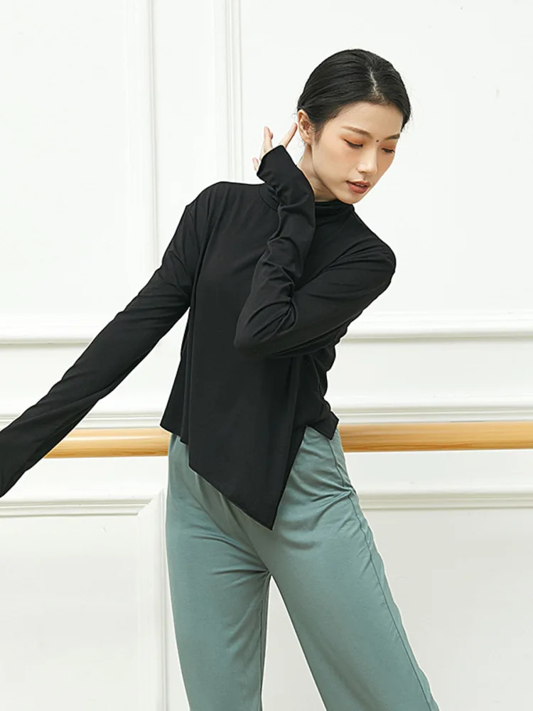 Dance Performances Spring Pile Dress Wolong Sleeved T-shirt Irregular Slanted Slit Bottom Bottom Dance Top High Collar Elegant