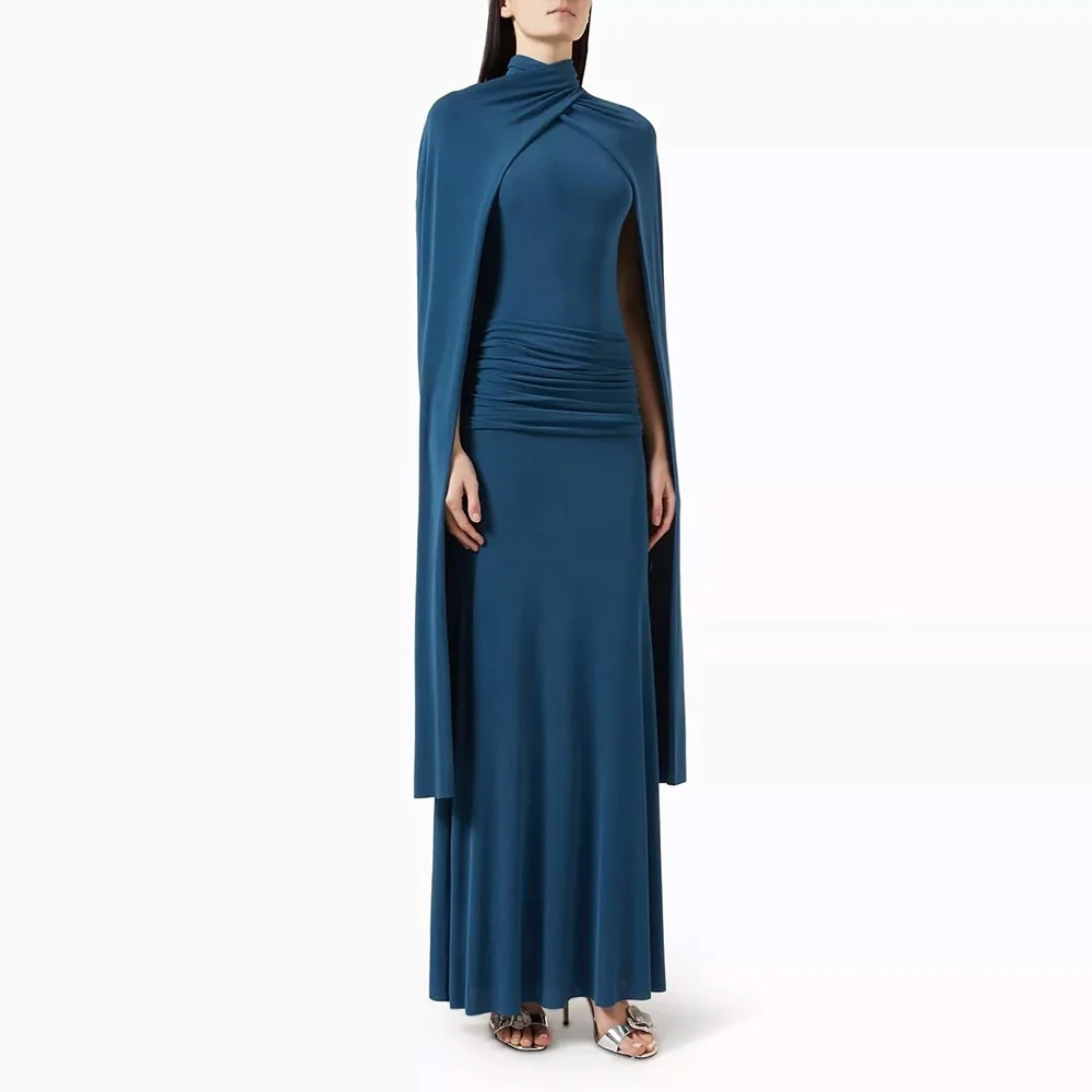 

Verngo Dusty Blue Crepe Evening Dress High Neck A Line Formal Occasion Dress Saudi Arabia Maxi Prom Party Gown Customized