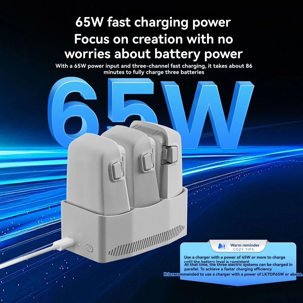 Digital Essentials 65W Battery Charge Manager for Flip Drone 3-Channel Parallel Charging Hub Fast 3-Bay Smart Battery Charger Ac