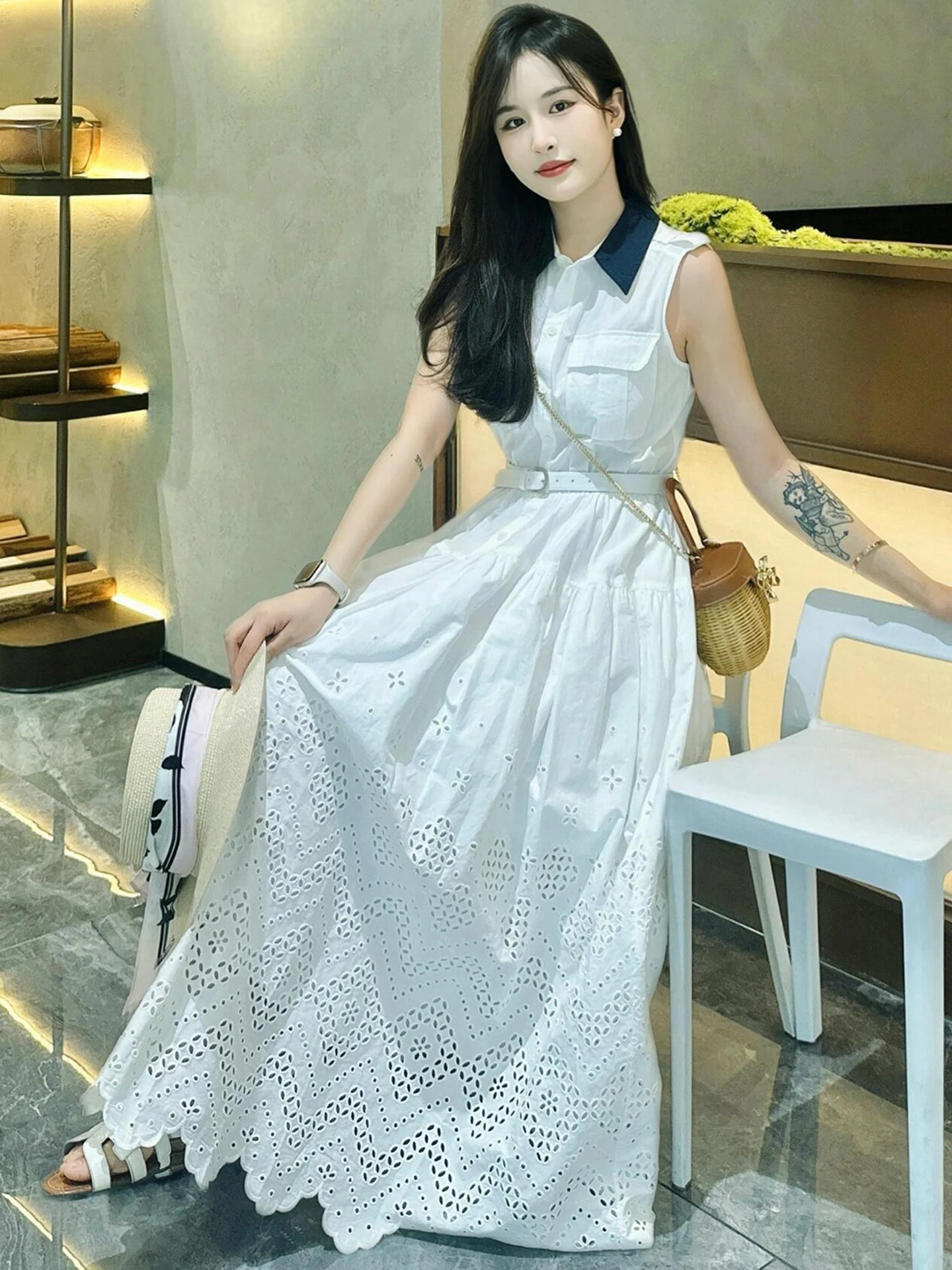 

SP Home South Oil Высококачественный женский летний кружевной ажурный жилет Dr с отложным воротником и вышивкой, длинная юбка с высокой талией