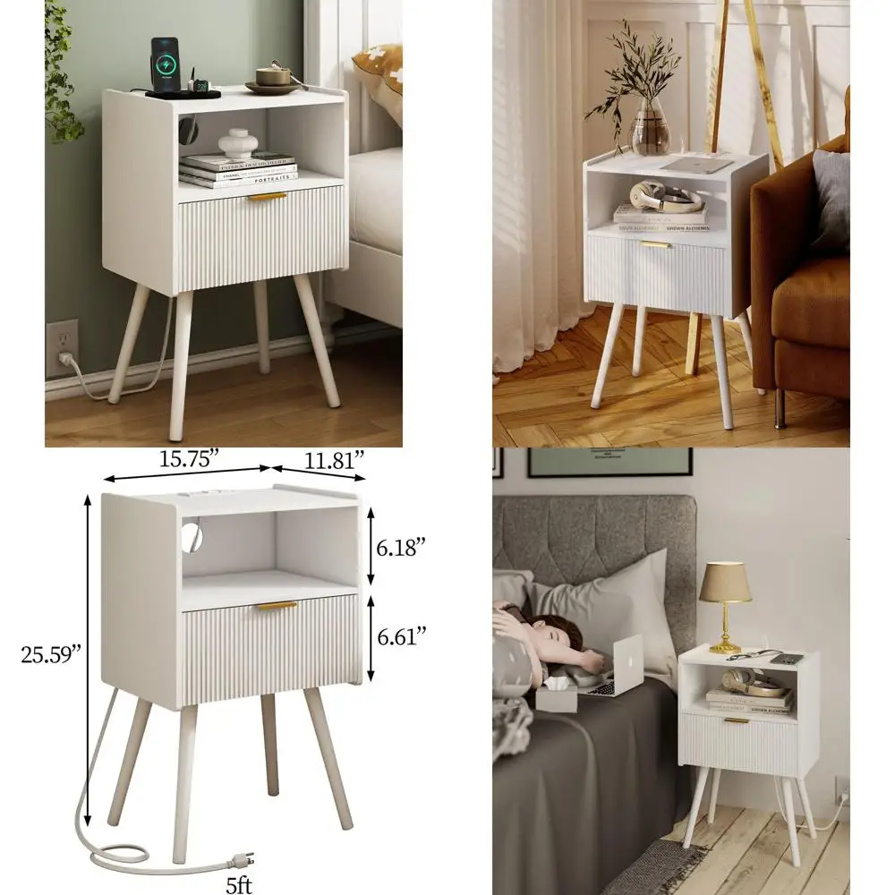 

Contemporary Wood Nightstand with Outlet, Storage Drawer, and Open Shelf for Bedroom and Living Spaces