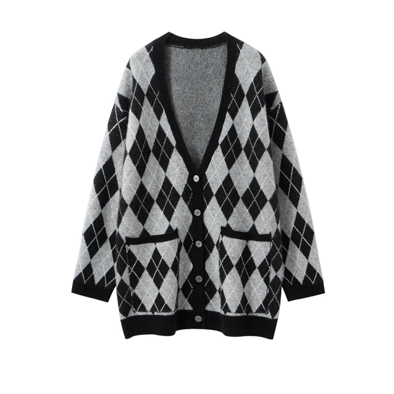 

2025 New Chic Luxury Diamond Grid Cardigan Sweater Women Sweater 100% Pure Cashmere V-Neck Autumn Winter Thick Knitwear Tops