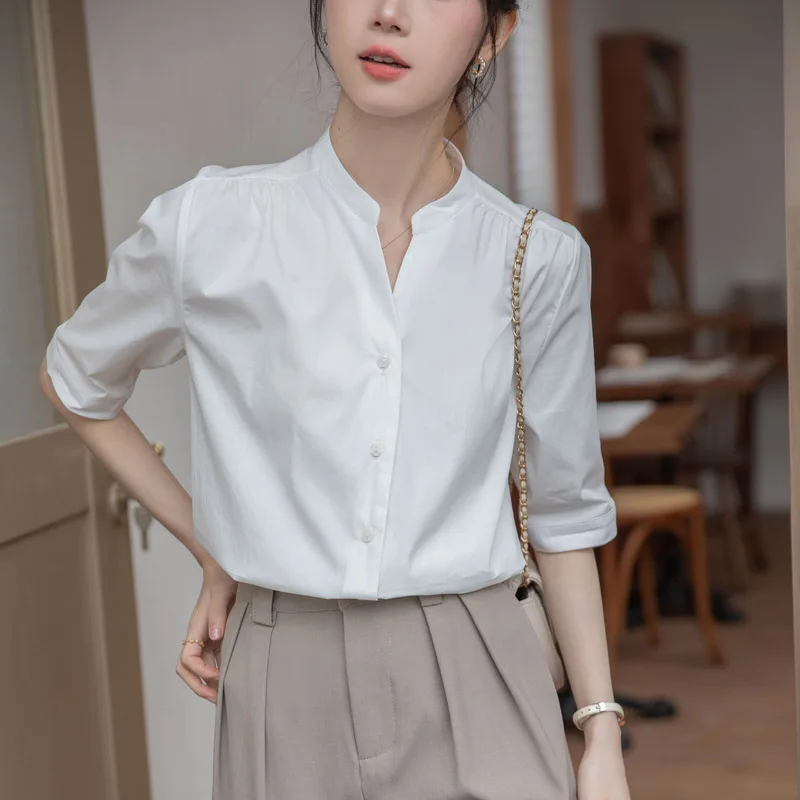 

Office Lady Blue Short Sleeve Commute V-neck Shirts Summer Casual Formal Loose Breathable Blouses Simple Solid Fashion Tops