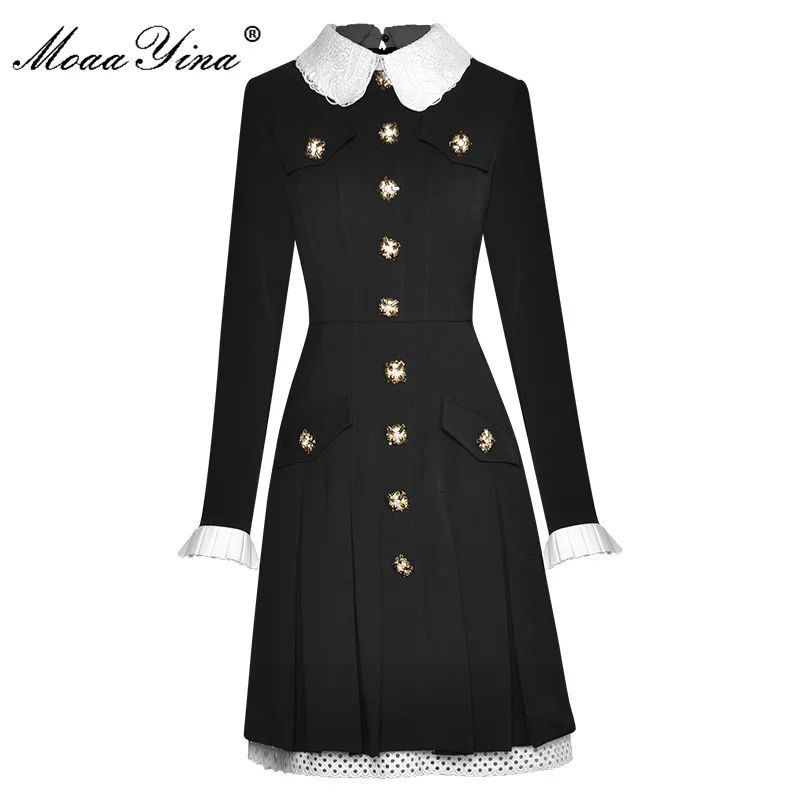 

MoaaYina Fashion Runway dress Autumn Winter Women Dress Lace Turn-down Collar Button Bead Long sleeve Balck Slim Lady Dresses