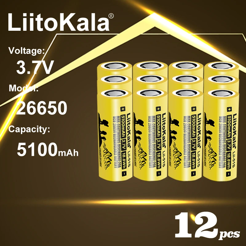 12PCS LiitoKala Lii-51S 266505100mAh Rechargeable Li-ion Battery 4.2V Max Voltage Durable for Power Tools