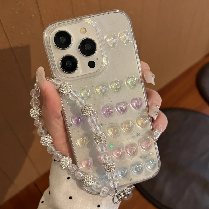 Glitter Colorful Love Heart Bracelet Clear Phone Case For iPhone 16 15 14 13 12 Pro Max Plus INS Luxury Shining Epoxy Soft Cover