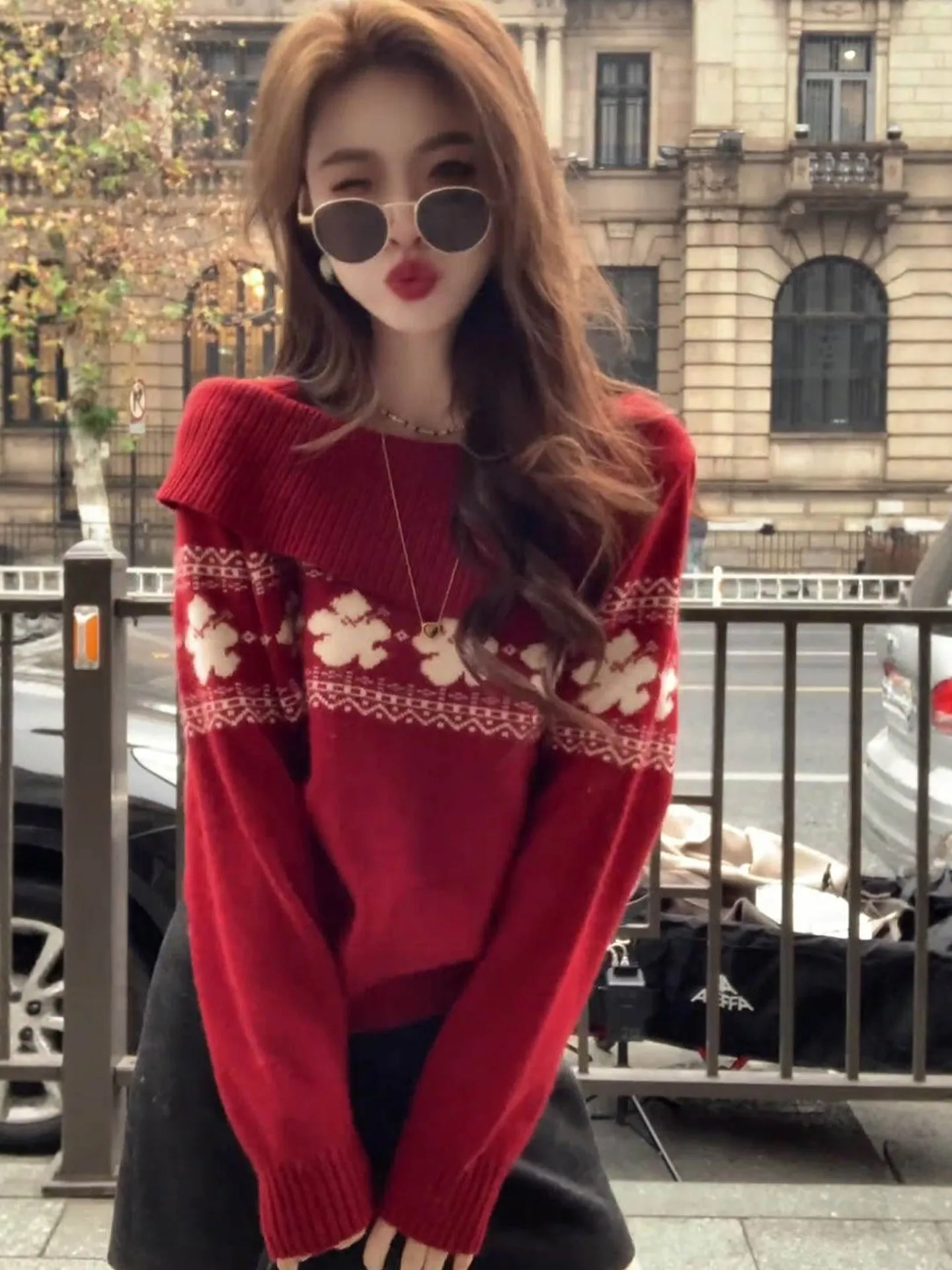 

Red New Year One-Shoulder Sweater Women's Outerwear Loose Lazy Style Shoulder Exposure Knitted Shirt Commute Style Soft Long ...