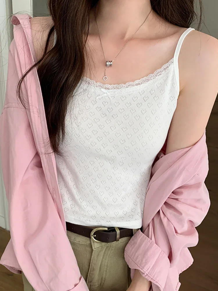 

Лето 2025 г., кружевная майка, женская укороченная милая майка, сексуальные белые майки, женские корейские черные майки без рукавов, кокетка, одежда Y2k