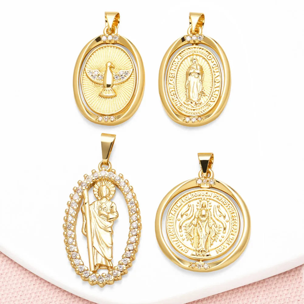 OCESRIO White Crystal Holy Spirit Oval Pendant for Necklace Copper Gold Plated Virgin Mary Jewelry Making Supplies pdta355