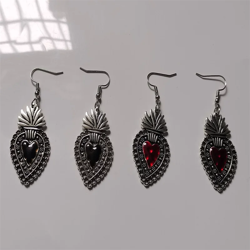 Mexican Sacred Heart Earrings, Milagro Dangle, Large and Silver Plated Charm, Gifts for Women