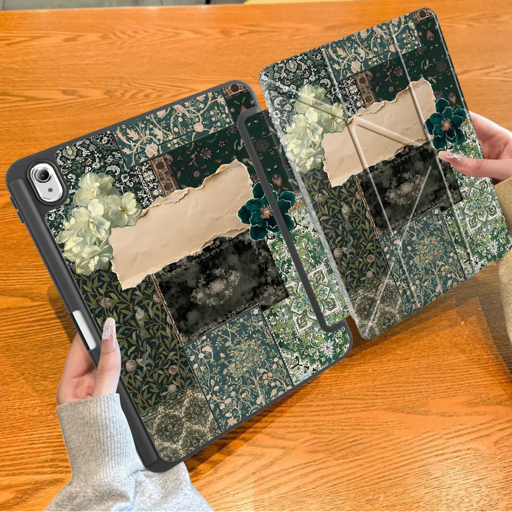 Retro Green Print With Pen Slot Cover Tablet Case For Samsung For Galaxy Tab A8 2022 S7 FE S8 S10+ A11 Plus S7+ S8+ 12.4 inch S6