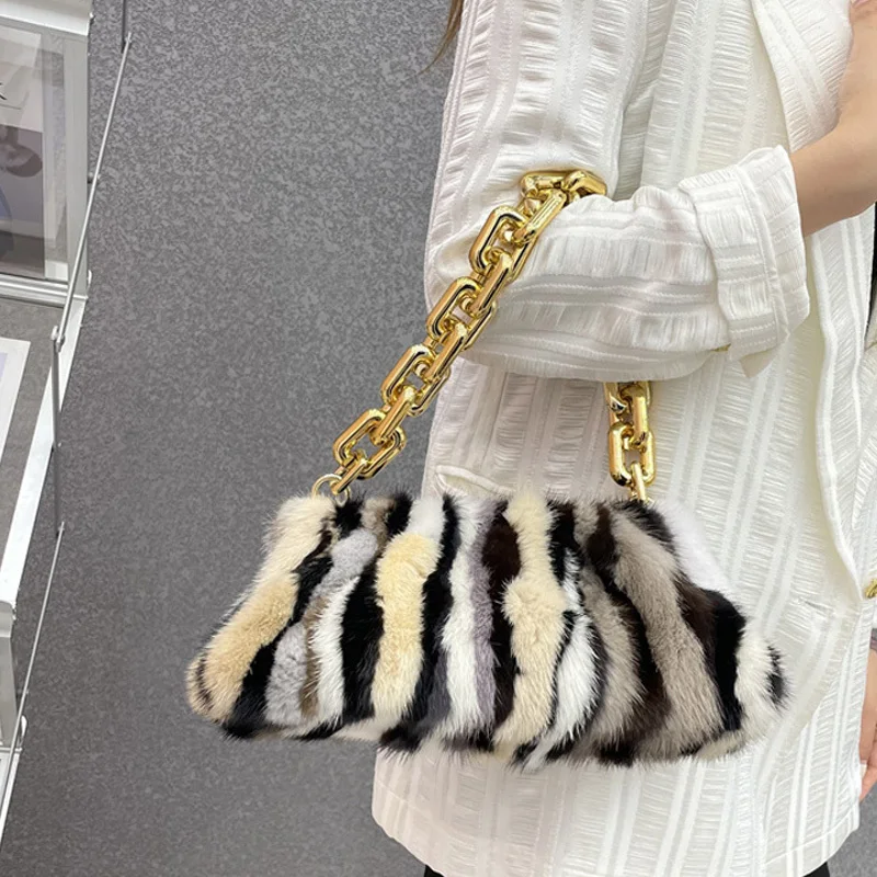 

Real Mink Fur Bag Cloud Bag For Women Fashionable Gold Chain Bag Luxury Single Shoulder Bag Winter Women's Handbag Clutch Bag