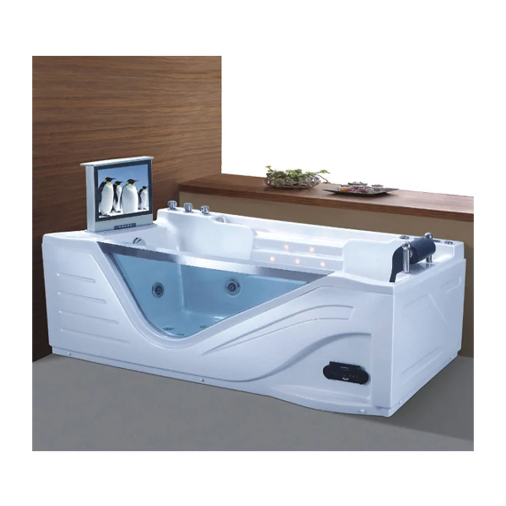 Waterfall tempered glass 2 person large smart whirlpool massage bathtub with tv