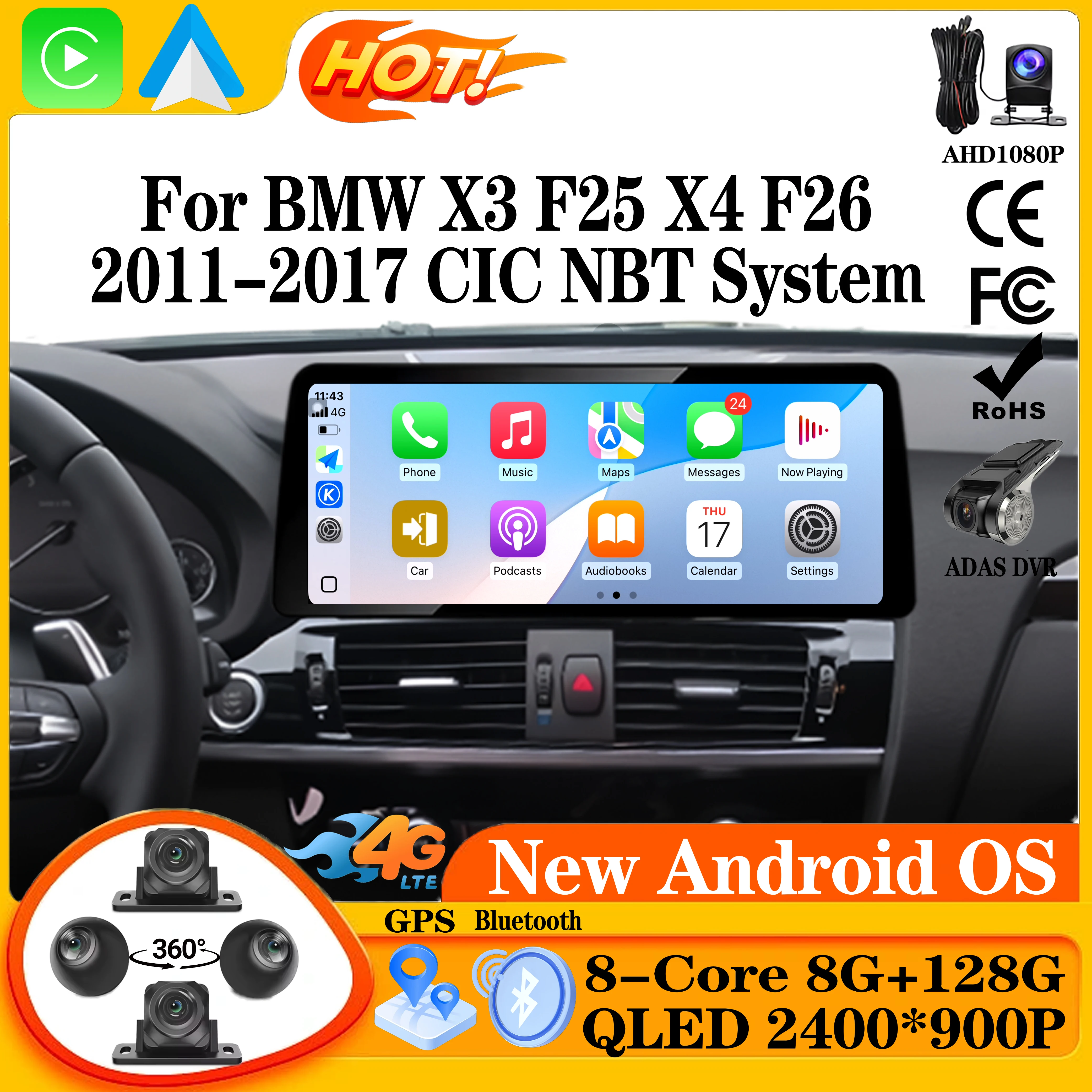 

12,3-дюймовая система Android 15 CIC/NBT для BMW X3 F25 X4 F26 2011-2017 GPS Carplay Автомобильный радиоприемник Видео Мультимедийный плеер Стерео