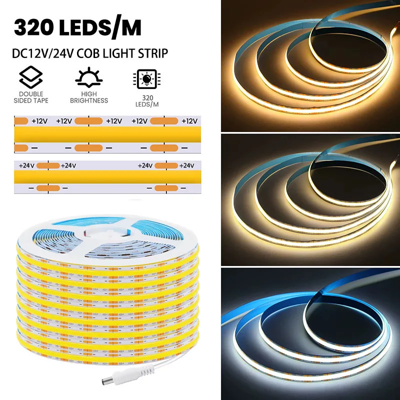 ไฟแถบ LED COB 12V/24V, แผงวงจรพิมพ์ 8 มม., 320 หลอด LED/เมตร, แถบไฟแบบยืดหยุ่นความหนาแน่นสูง เหมาะสำหรับตกแต่งห้องและบ้าน