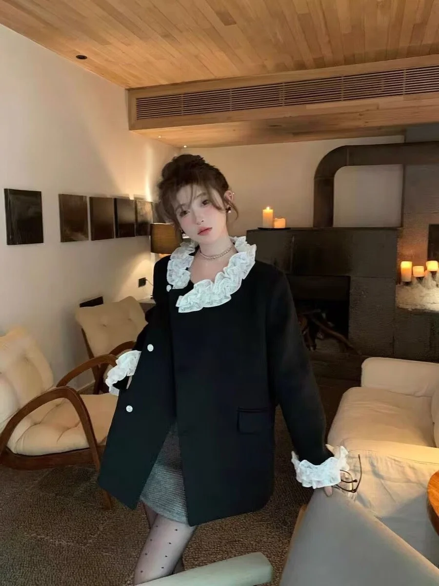 

Зимнее шерстяное пальто больших размеров с кружевной отделкой и пэчворком в корейском стиле для женщин, для повседневной носки