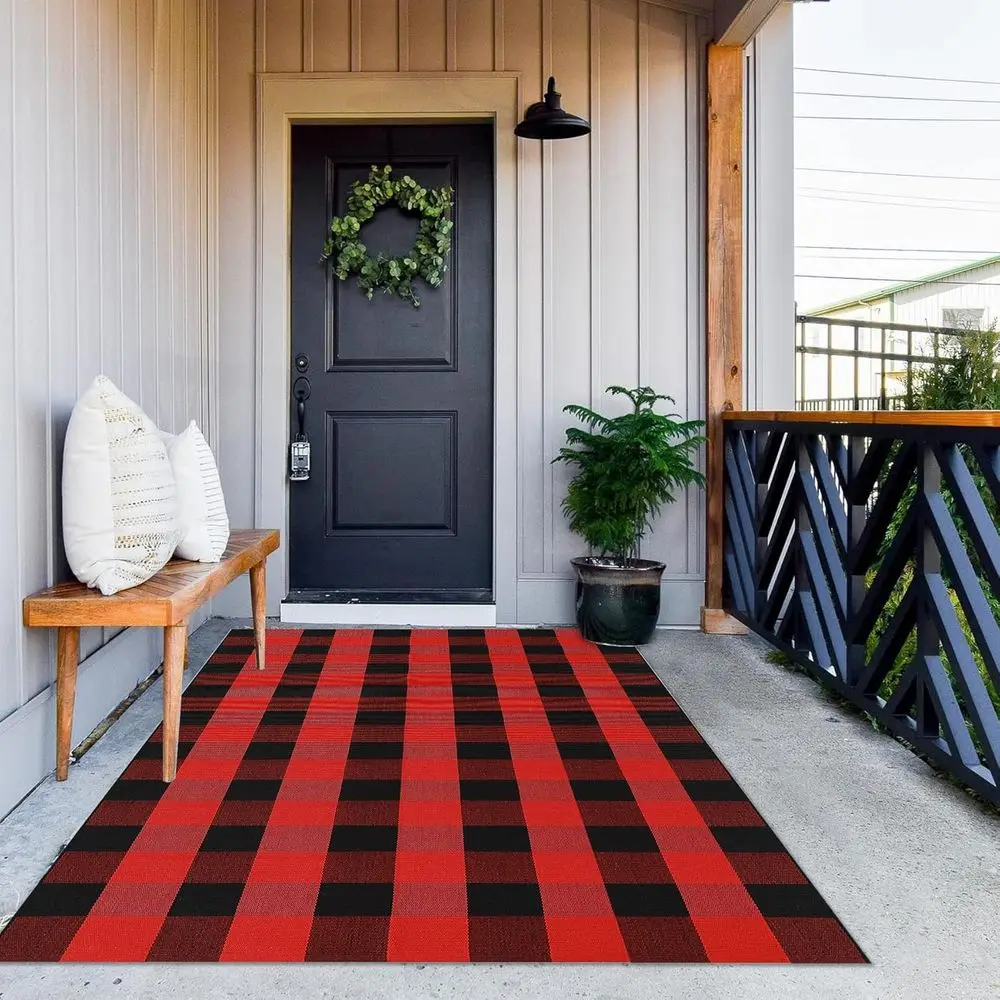 

4x6 Handwoven Cotton Buffalo Plaid Outdoor Mat - Red & Black Decorative Door Rug for Entryway, Porch, Farmhouse Style