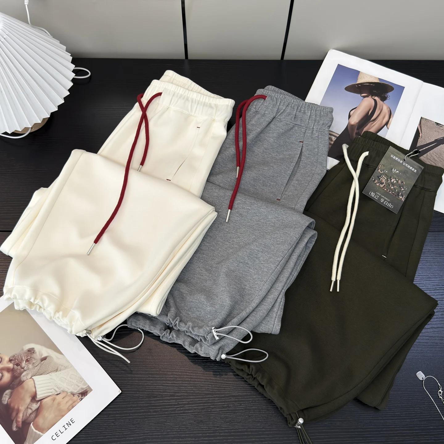 عادية واسعة الساق سكين السراويل اتجاهين ارتداء مرونة الخصر Dstring فضفاض اللون بلو مكبل الترفيه Sweatpants للنساء
