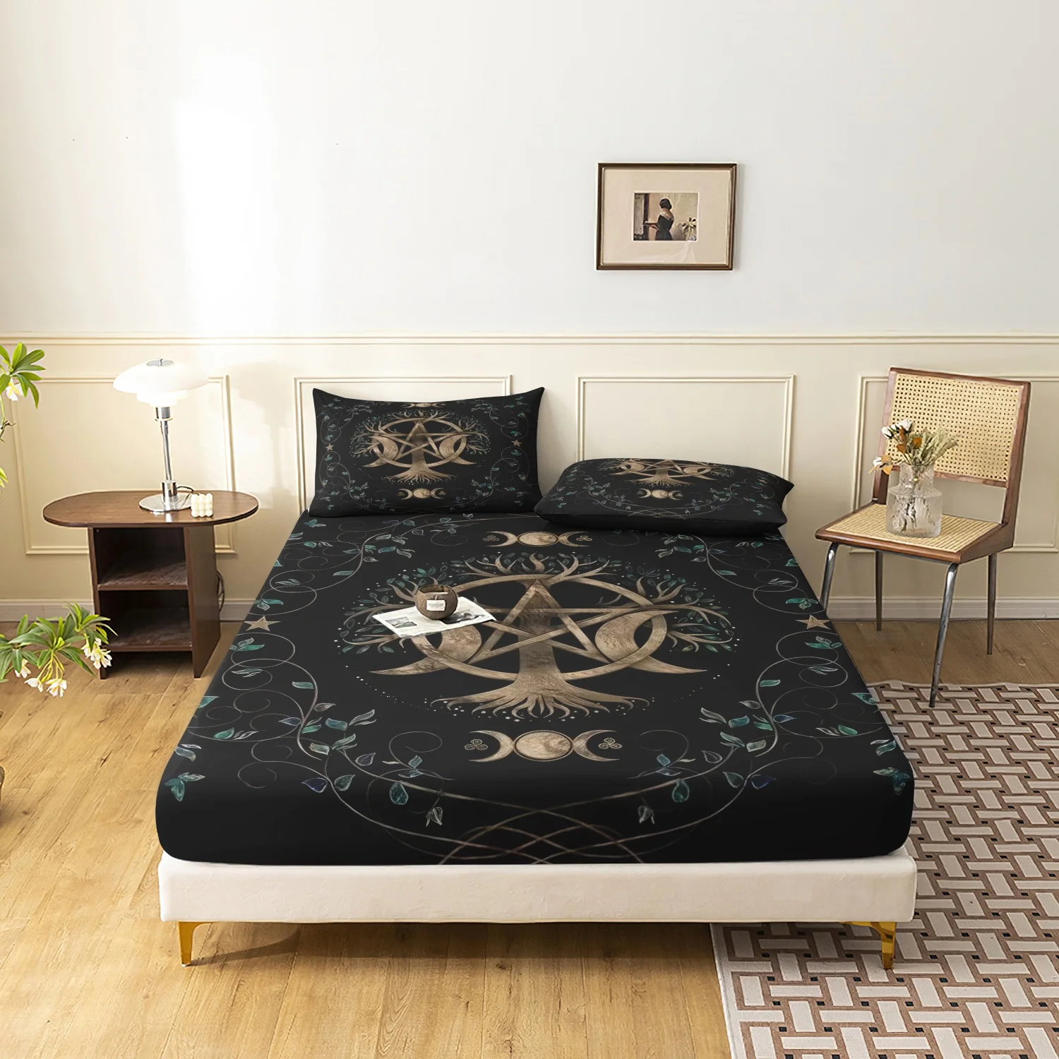 

Комплект из 3 предметов: постельное белье с принтом «Древо Мира» и пентаграммой в богемном стиле, викканское постельное белье с изображением тройной луны, роскошное всесезонное постельное белье для дома или общежития