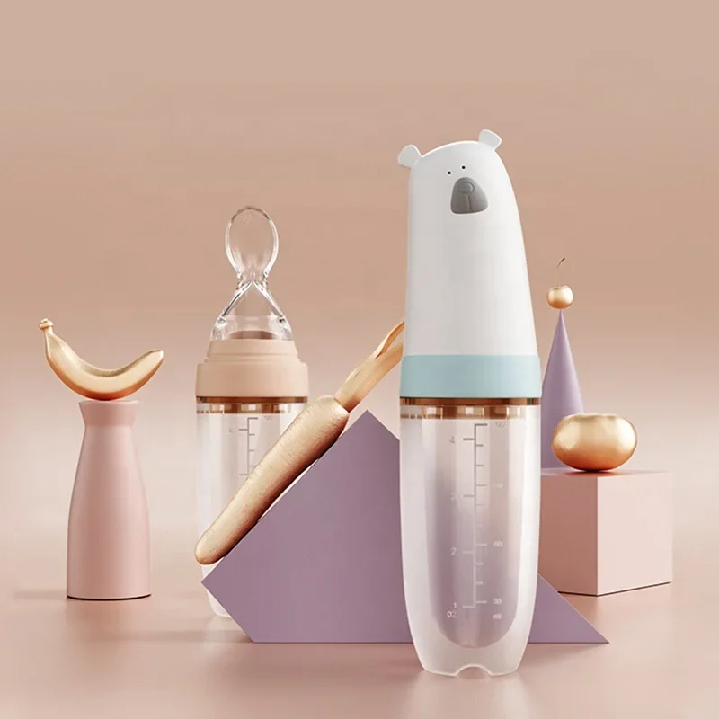 صديقة للبيئة الدب القطبي شكل الغذاء الصف الرضع ضغط الاستغناء زجاجة رضاعة للأطفال ملعقة 120 مللي زجاجة تستخدم في الرضاعة مع ملعقة #3