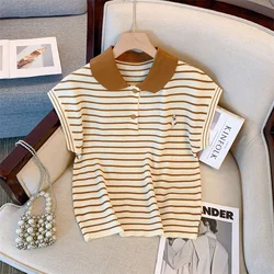 Contrasting Colors Stripe T-shirt Women Summer Turn-down collar Knitted Short Sleeves Casual Loose All-matched Tops