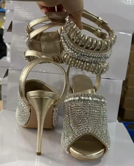 Bling Silver Rhinestone Embellished Peep Toe Sandals Women Stiletto High Heel Ankle Strap Party Wedding Dress Heels Sandals Lady