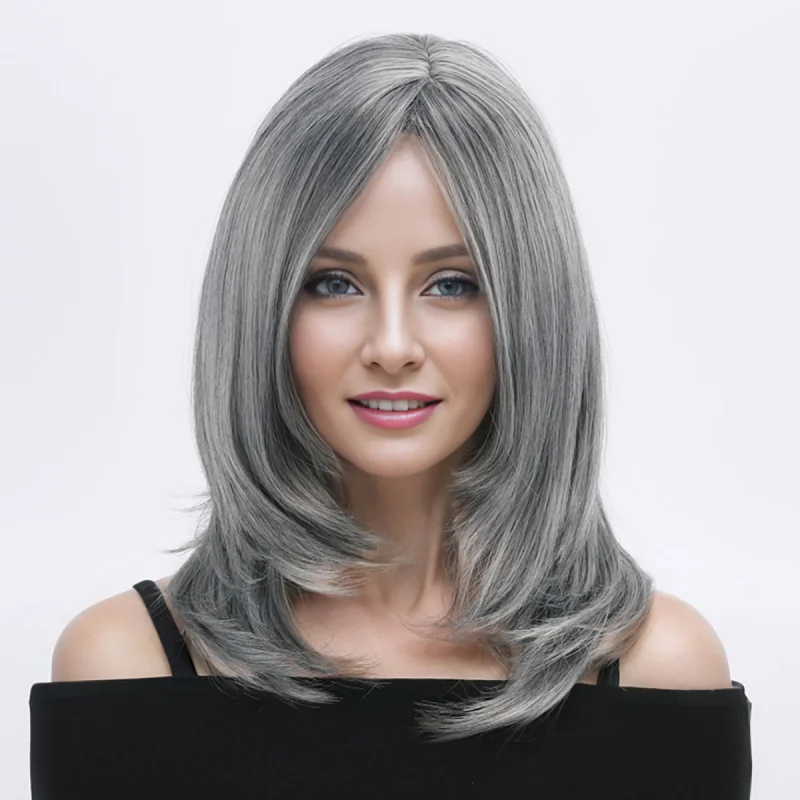 Women's wig with long bangs, gray-brown synthetic , high-temperature fiber, short straight style