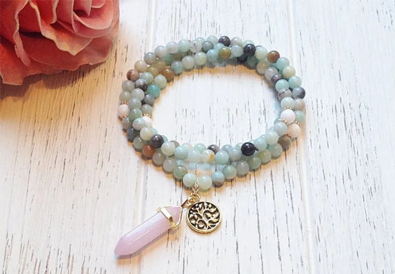 Amazonite Mala Necklace | Mala Beads 108 | Healing Crystal Necklace | Amethyst Mala Beads | Tree of Life Mala | Calming Necklace