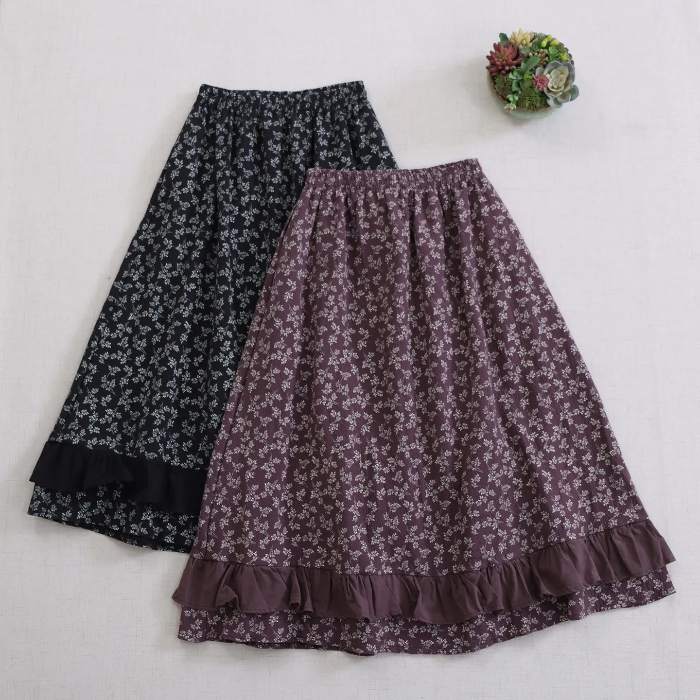 Japanese Mori Girl Vintage Floral Print Ruffles Cotton Skirts Women Autumn New Elastic Waist Casual Loose A-Line Midi Skirts