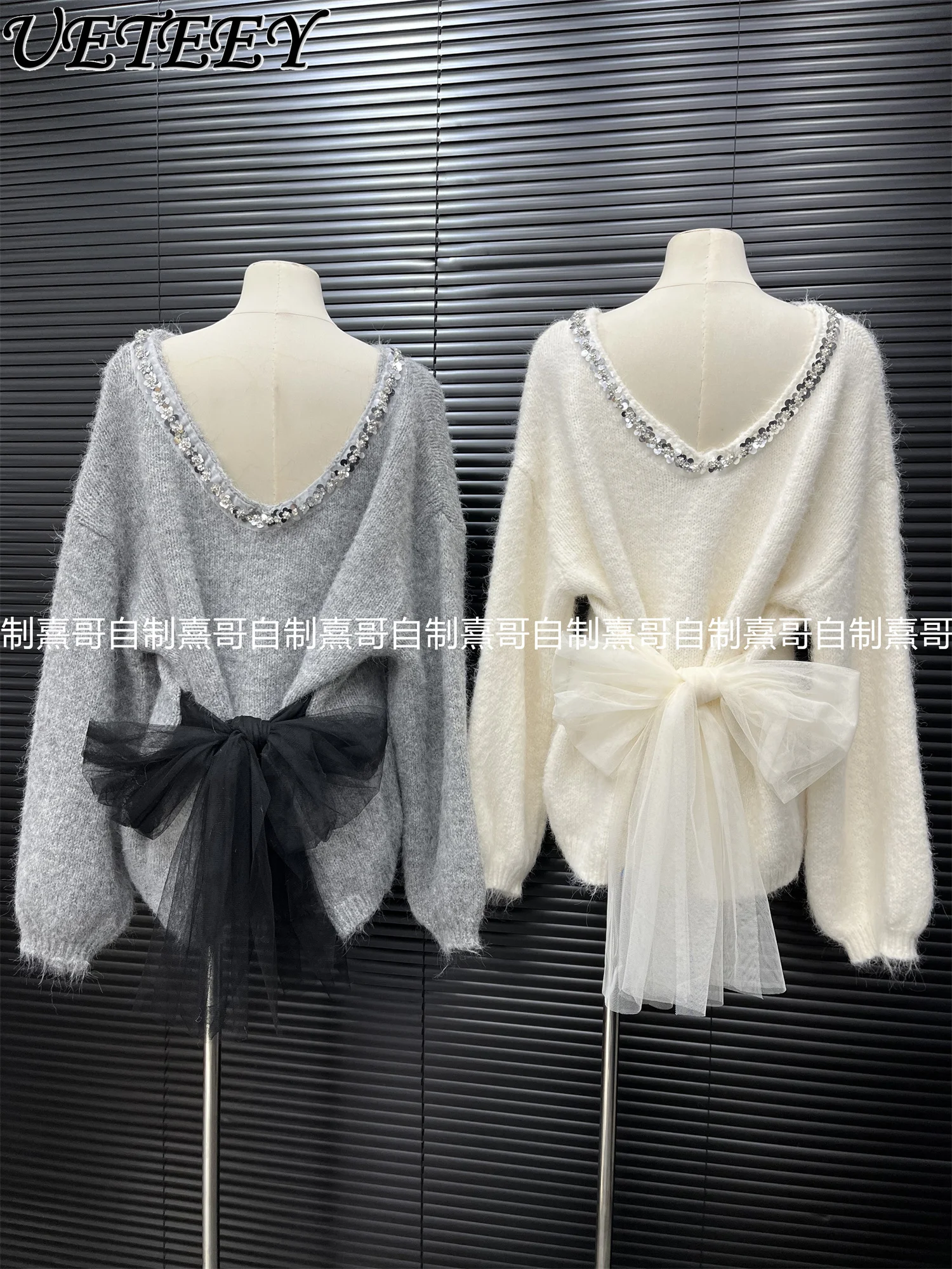 

Bowknot Sequin V-neck Sweater for Women Winter Loose Fit Slimming Waist Outerwear Knitted Base Shirt Versatile Pullover