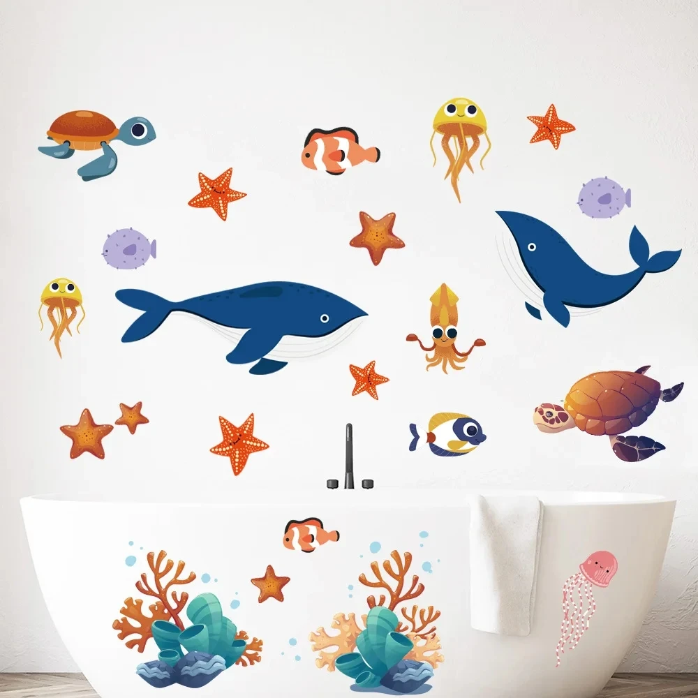 Cartoon Colour Fish Octopus Whale Ocean Animal Wall Stickers Bathroom Kids Room Living-room Home Decor Poster Decal  Wallpaper