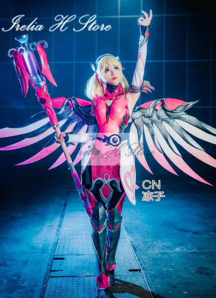 

Irelia H Store Angela Ziegler OW Pink Mercy Cosplay Costume for women hallowee party dress wings shoes Customized
