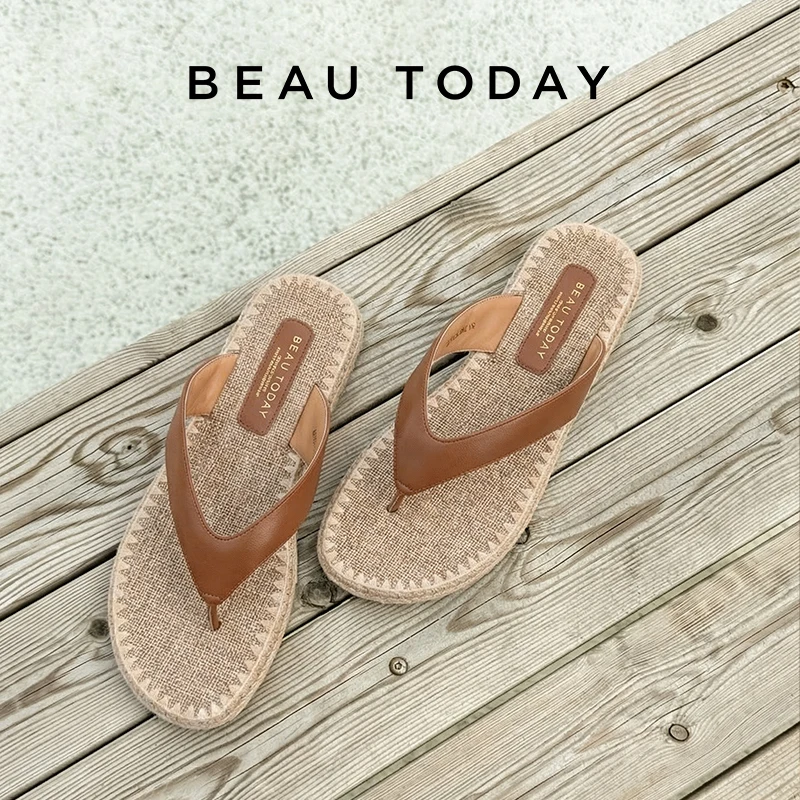 BEAUTODAY Casual Flip Flops Women Sheepskin Leather T-Strap Open Toe Solid Slippers Outdoors Ladies Flats Shoes Handmade 36385