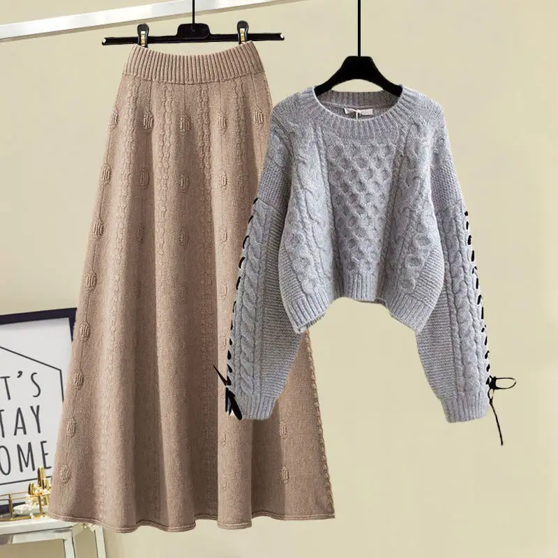 Outono e inverno conjunto feminino 2023 novo estilo coreano usar design sentir camisola de malha magro meia saia conjunto de duas peças