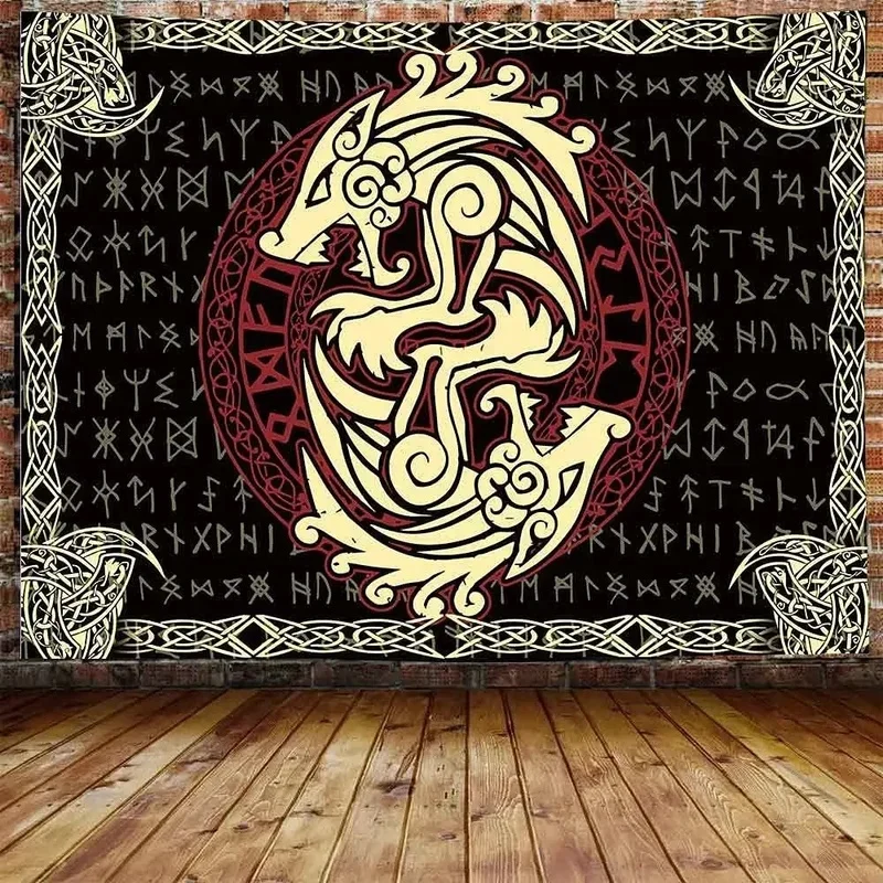 VIKAMA Viking Raven Tapestry Norse Rune Celtic Knot Mystic Circle Wall Hanging Art Decor for Bedroom Living Room Home Decoration
