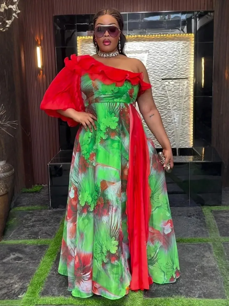 Szyfonowe Długie Sukienki Damskie na Imprezę Bal Urodziny Wieczorowe Suknie Afrykańskie Dashiki Wzorzyste Stroje Sukienka Maxi na Jedno Ramię Odzież