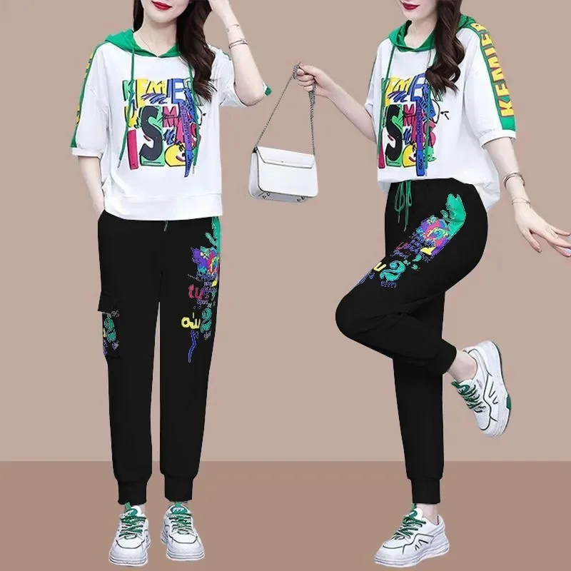 Sense of design feminino calças com capuz outfit 2025 senhora tamanho grande 4xl retalhos calças 2 pçs primavera femme impressão conjunto de duas peças