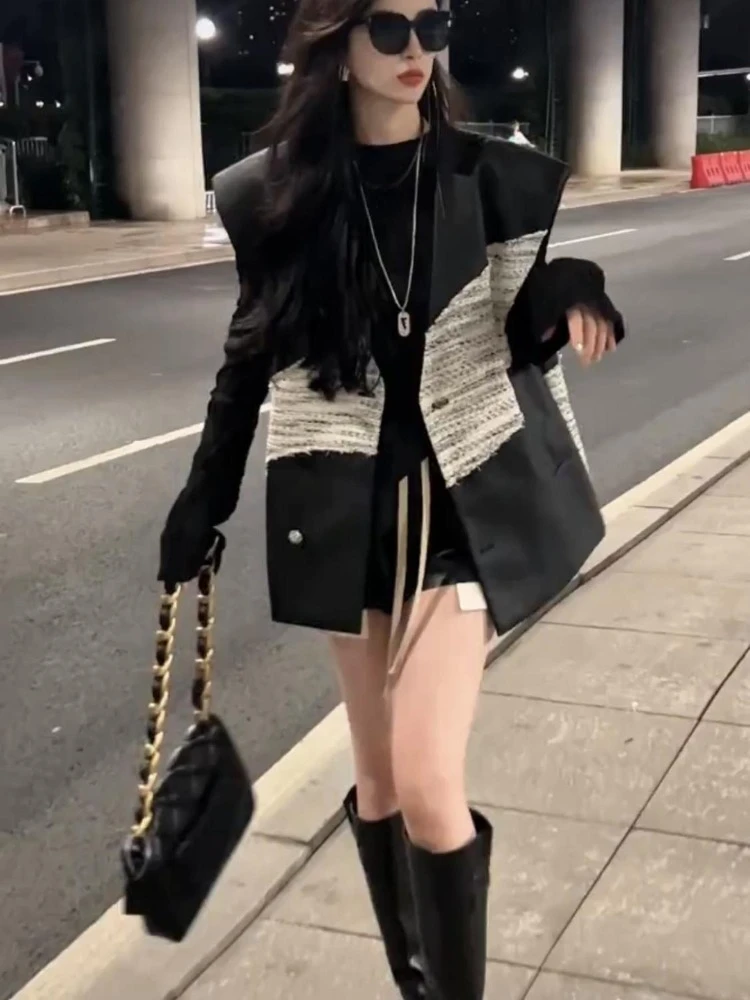 Fashion Street Vest Coat Women+ Slim Fit Long Sleeve Black Bottoming Tops Mujer Y2k High Waist Losoe Shorts Three Piece Sets