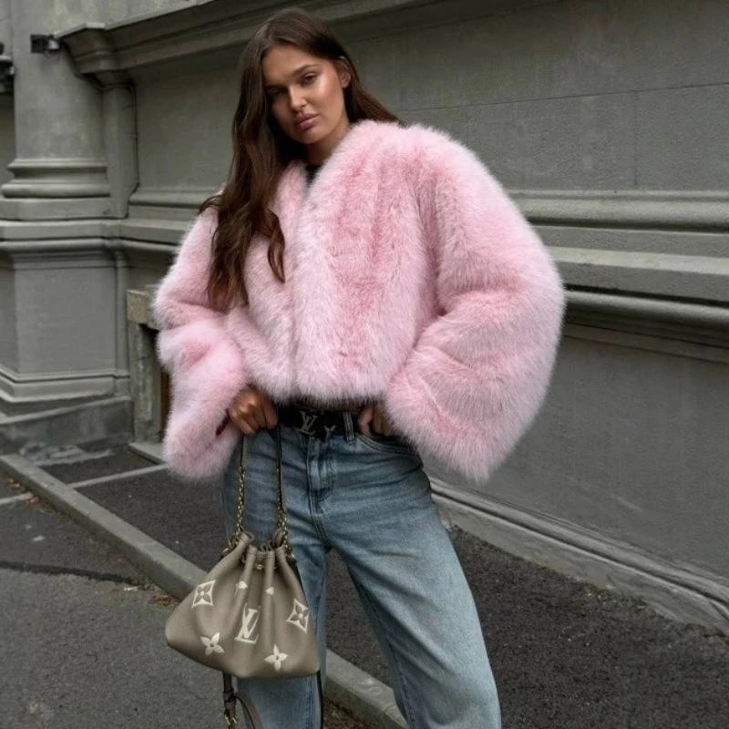 TARUXY Fashion Cropped Faux Fur Jacket Womens V Neck Long Sleeve Fluffy Plush Loose Casual Street Solid Faux Fox Fur Coat Winter